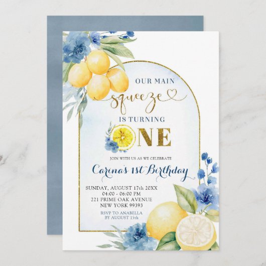 ブルーフローラレモンメインスクイズファースト誕生日 招待状 (正面/裏面)