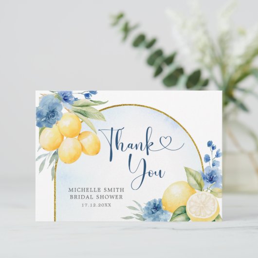 ブルーフローラレモンメインスクイーズブライダルシャワー サンキューカード (スタンド正面)