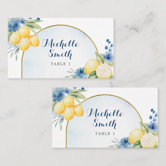ブルーフローラレモンメインスクイーズブライダルシャワー プレイスカード (正面/裏面)