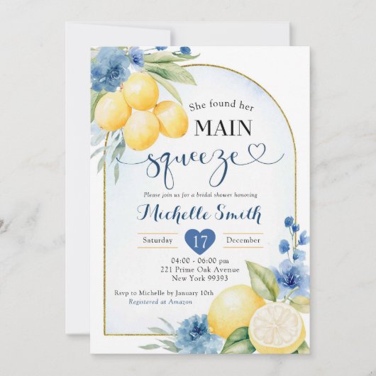 ブルーフローラレモンメインスクイーズブライダルシャワー 招待状 (正面)