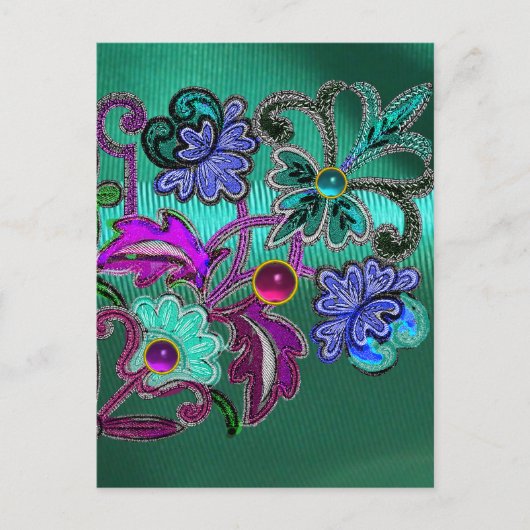 ブルーフローラレース、ピンクのシルククロス、カラフル宝石 シーズンポストカード (正面)