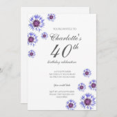 ブルーフローラワイルドフラワー40th誕生日パーティー 招待状 (正面/裏面)