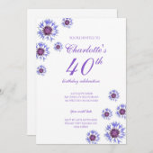 ブルーフローラワイルドフラワー40th誕生日パーティー 招待状 (正面/裏面)