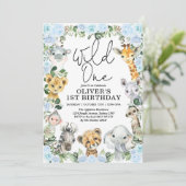 ブルーフローラワイルドワンジャングルサファリ第1誕生日 招待状 (スタンド正面)