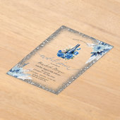 ブルーフローラワインボトルグリッターフレームベビーシャワー アクリル招待状 (レイダウン)