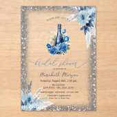 ブルーフローラワインボトルグリッターフレームベビーシャワー アクリル招待状 (正面)