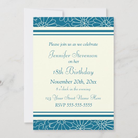 ブルーフローラ写真18番目のバースデーパーティ招待状 招待状 (裏面)