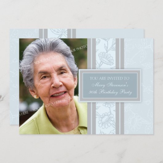 ブルーフローラ写真90thバースデーパーティ招待状 招待状 (正面/裏面)