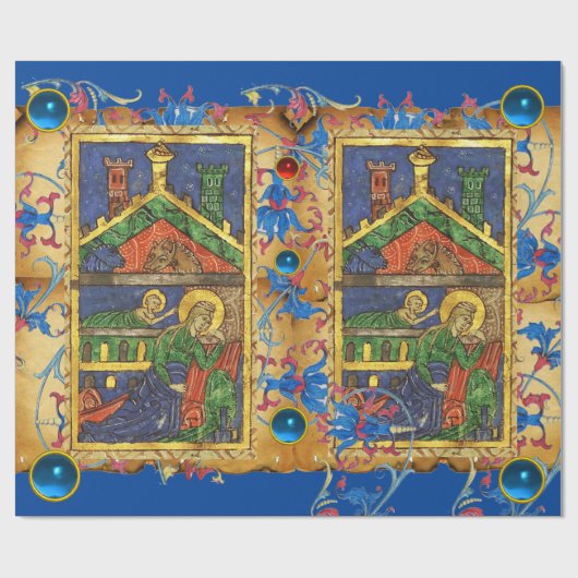 ブルーフローラ出生クリスマスパーチメントと宝石 ラッピングペーパー (フラット)