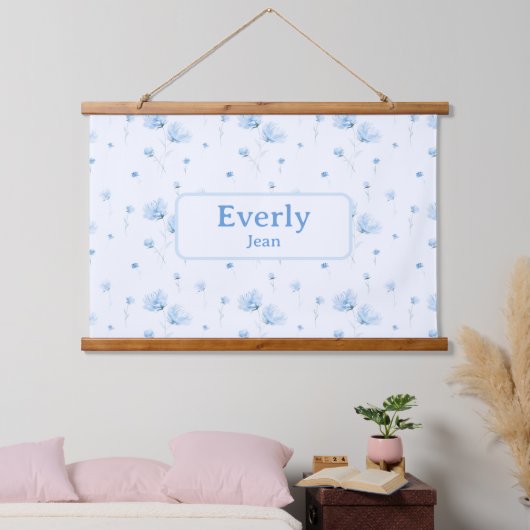 ブルーフローラ名前をカスタムするデコールベビー子供部屋 吊り下げ型タペストリー (寝室)