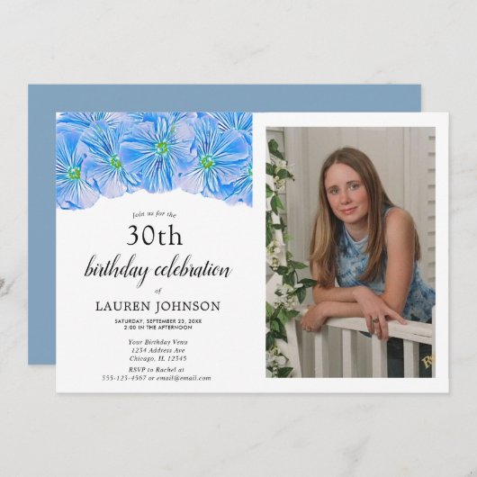 ブルーフローラ大人誕生日フォト招待状 案内状 (正面/裏面)