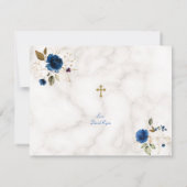 ブルーフローラ大理石フォトボーイ金ゴールドクロスバプテスマ サンキューカード (裏面)