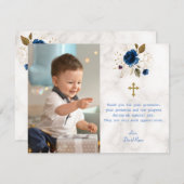 ブルーフローラ大理石フォトボーイ金ゴールドクロスバプテスマ サンキューカード (正面/裏面)