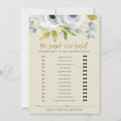 ブルーフローラ彼は彼女はブライダルシャワーゲームと言った 招待状 (正面)