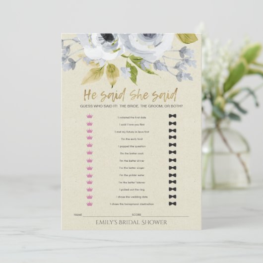 ブルーフローラ彼は彼女はブライダルシャワーゲームと言った 招待状 (スタンド正面)