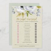 ブルーフローラ彼は彼女はブライダルシャワーゲームと言った 招待状 (正面/裏面)