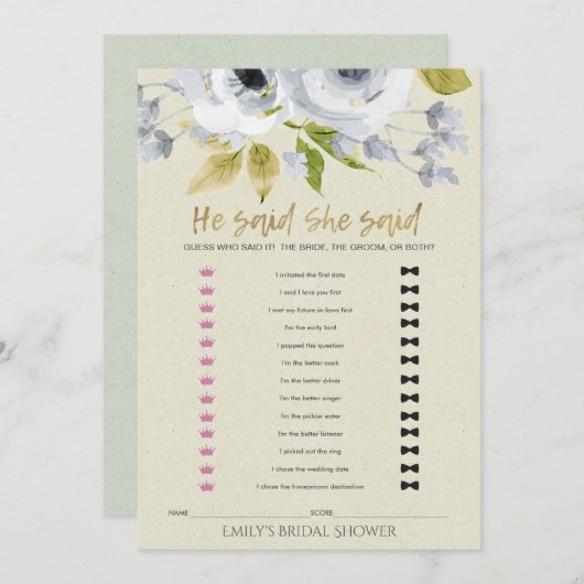 ブルーフローラ彼は彼女はブライダルシャワーゲームと言った 招待状 (正面/裏面)