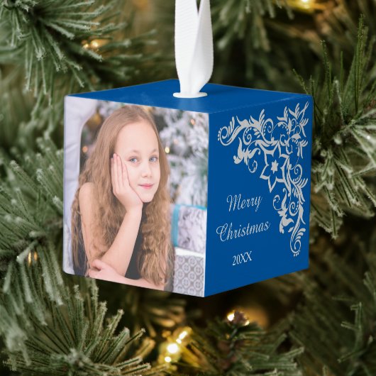 ブルーフローラ旋回写真テンプレート キューブオーナメント (ツリー)