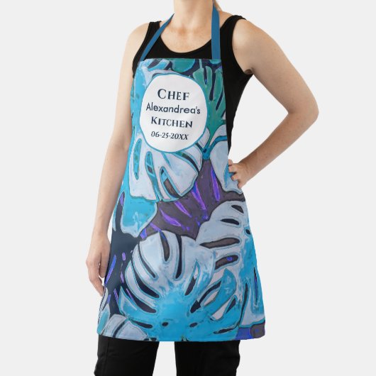 ブルーフローラ水彩植物青パーソナライズ エプロン (インサイチュ)