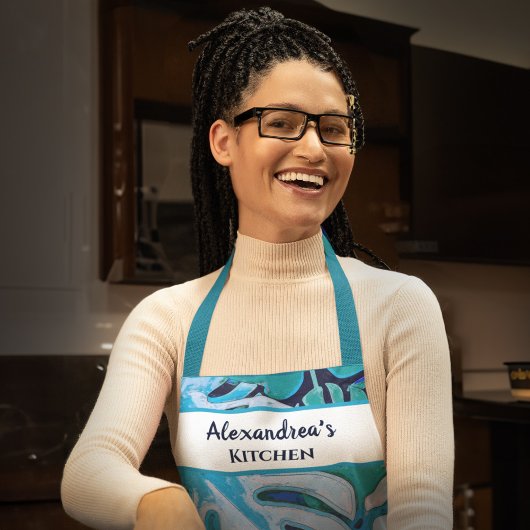 ブルーフローラ水彩植物青パーソナライズ エプロン