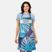 ブルーフローラ水彩植物青パーソナライズ エプロン (着用した状態)