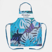 ブルーフローラ水彩植物青パーソナライズ エプロン (正面)