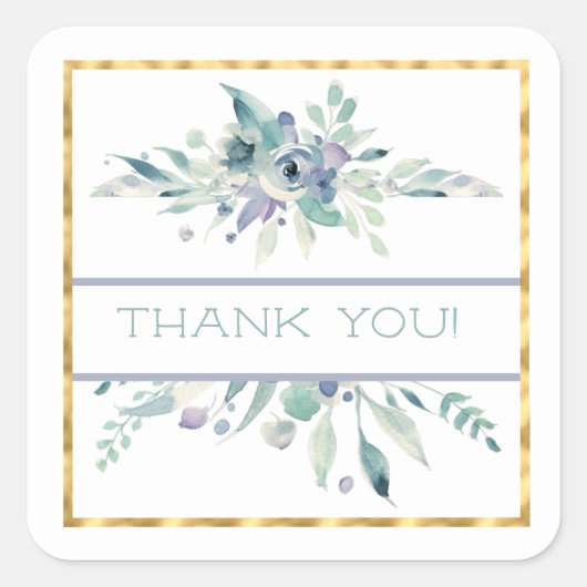 ブルーフローラ水彩色と金ゴールドありがとう スクエアシール (正面)