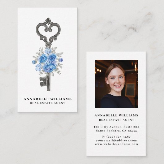 ブルーフローラ水彩鍵実在エステートエージェント 名刺 (正面/裏面)