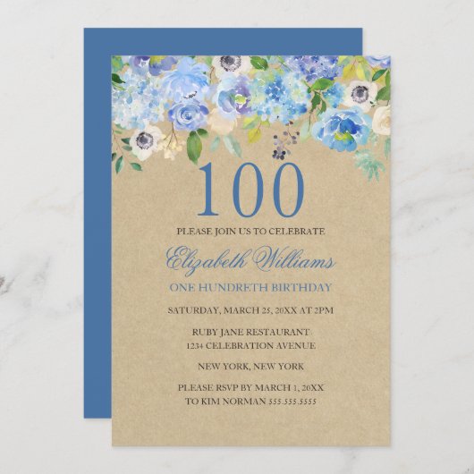 ブルーフローラ水彩100番目の誕生日招待状 招待状 (正面/裏面)