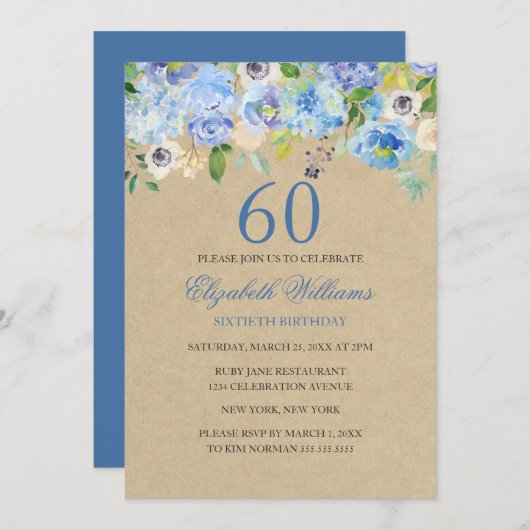 ブルーフローラ水彩60番目の誕生日招待状 招待状 (正面/裏面)