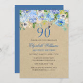 ブルーフローラ水彩90番目の誕生日招待状 招待状 (正面/裏面)