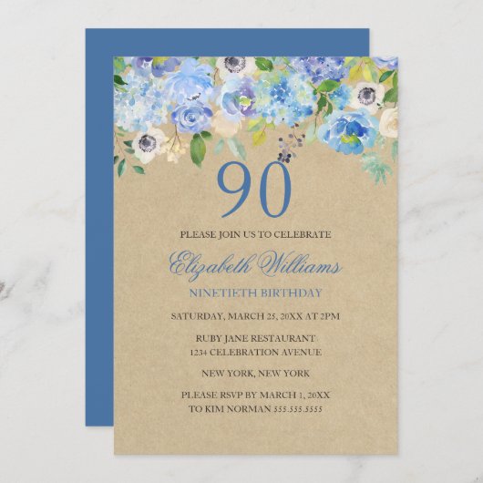 ブルーフローラ水彩90番目の誕生日招待状 招待状 (正面/裏面)