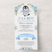 ブルーフローラ水色ペンギン赤ちゃんシャワー オールインワン招待状 (内側)