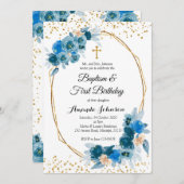 ブルーフローラ洗礼とファースト誕生日招待状 招待状 (正面/裏面)
