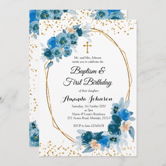 ブルーフローラ洗礼とファースト誕生日招待状 招待状 (正面/裏面)