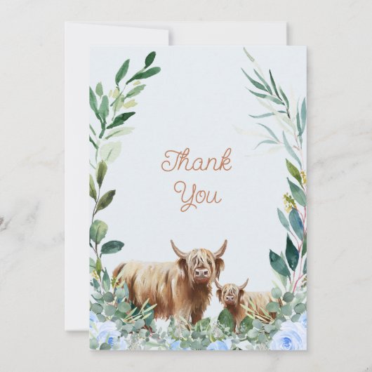 ブルーフローラ牛ふくらはぎ赤ちゃんシャワーサンキューカード 招待状 (裏面)