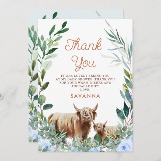 ブルーフローラ牛ふくらはぎ赤ちゃんシャワーサンキューカード 招待状 (正面/裏面)