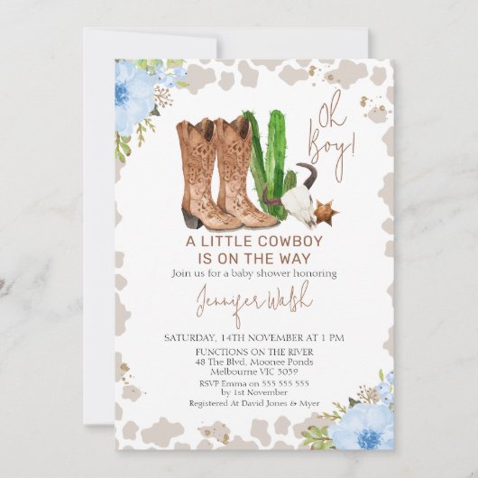 ブルーフローラ牛プリントリトルカウボーイ赤ちゃんシャワー 招待状 (正面)