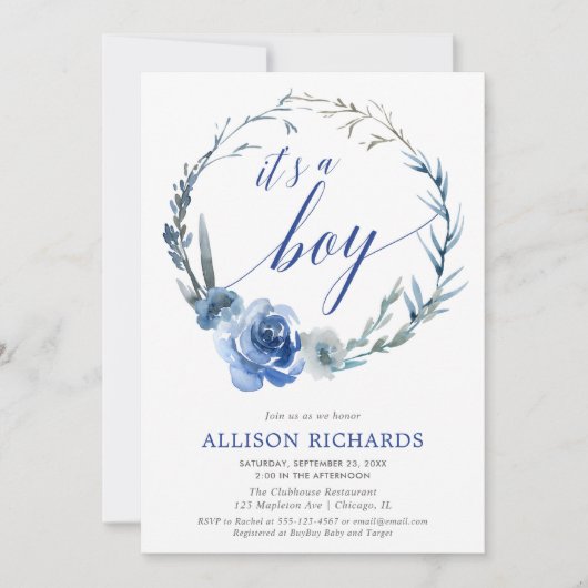 ブルーフローラ男の子の赤ちゃんシャワー、牡丹リース エレガント 招待状 (正面)