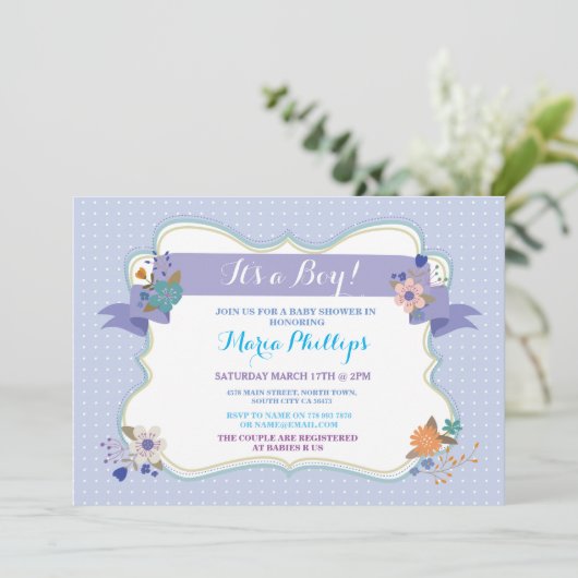 ブルーフローラ男の子/ツインズベイビーシャワー招待状 招待状 (スタンド正面)