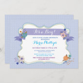 ブルーフローラ男の子/ツインズベイビーシャワー招待状 招待状 (正面/裏面)