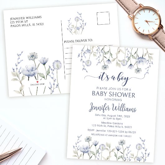 ブルーフローラ男の赤ちゃんシャワー招待状はがき インビテーションポストカード