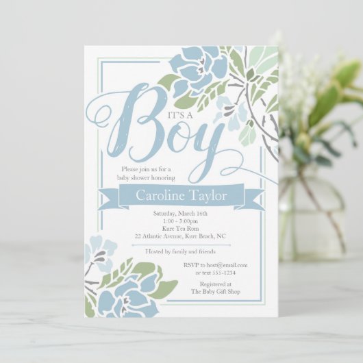 ブルーフローラ男の赤ちゃんシャワー招待状 招待状 (スタンド正面)