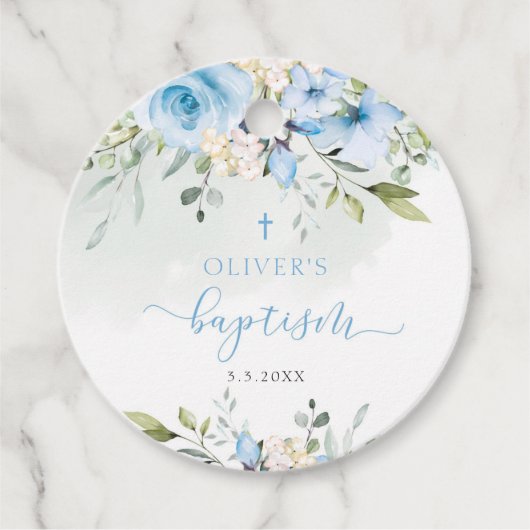 ブルーフローラ男の赤ちゃんバプテスマメッセージカード フェイバータグ (正面)