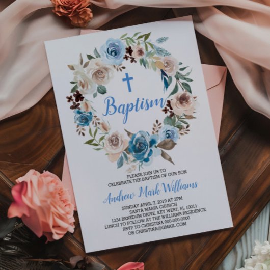 ブルーフローラ男の赤ちゃんバプテスマ招待状 招待状