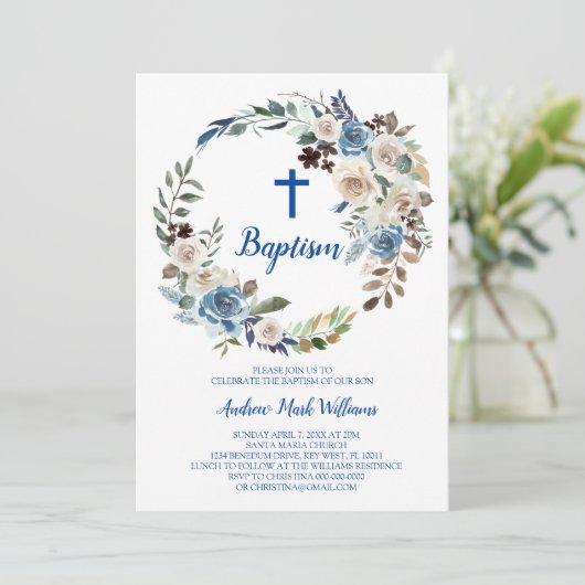 ブルーフローラ男の赤ちゃんバプテスマ招待状 招待状 (スタンド正面)