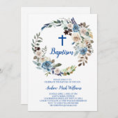 ブルーフローラ男の赤ちゃんバプテスマ招待状 招待状 (正面/裏面)