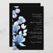 ブルーフローラ白黒モノグラム結婚ズ 招待状 (正面/裏面)