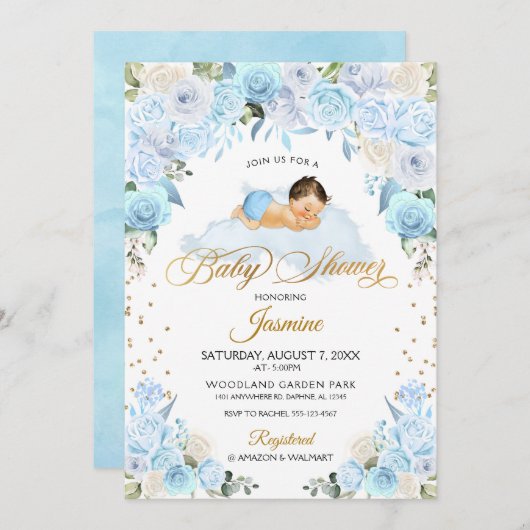 ブルーフローラ睡眠赤ちゃんシャワー招待状 招待状 (正面/裏面)