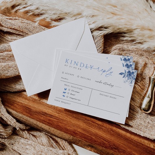 ブルーフローラ結婚の返信カード（食事の選択あり） エンクロージャーカード